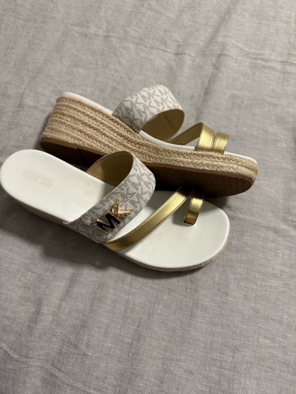 Michael Kors Gold and White Wedge Espadrille Slide Sandals
